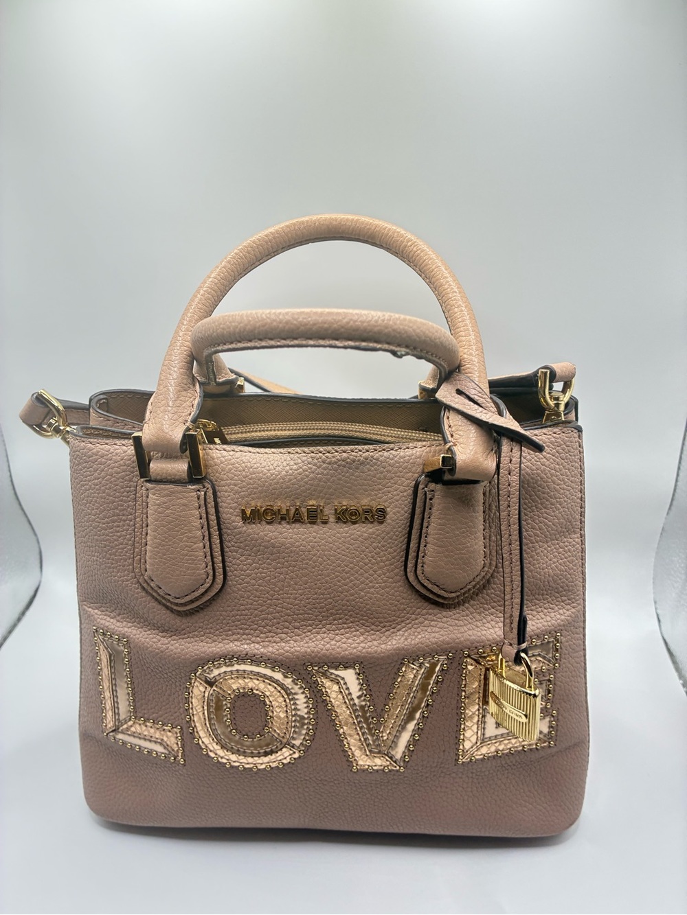 Michael Kors Blush Pink Pebbled Leather Satchel with 'LOVE' Applique
